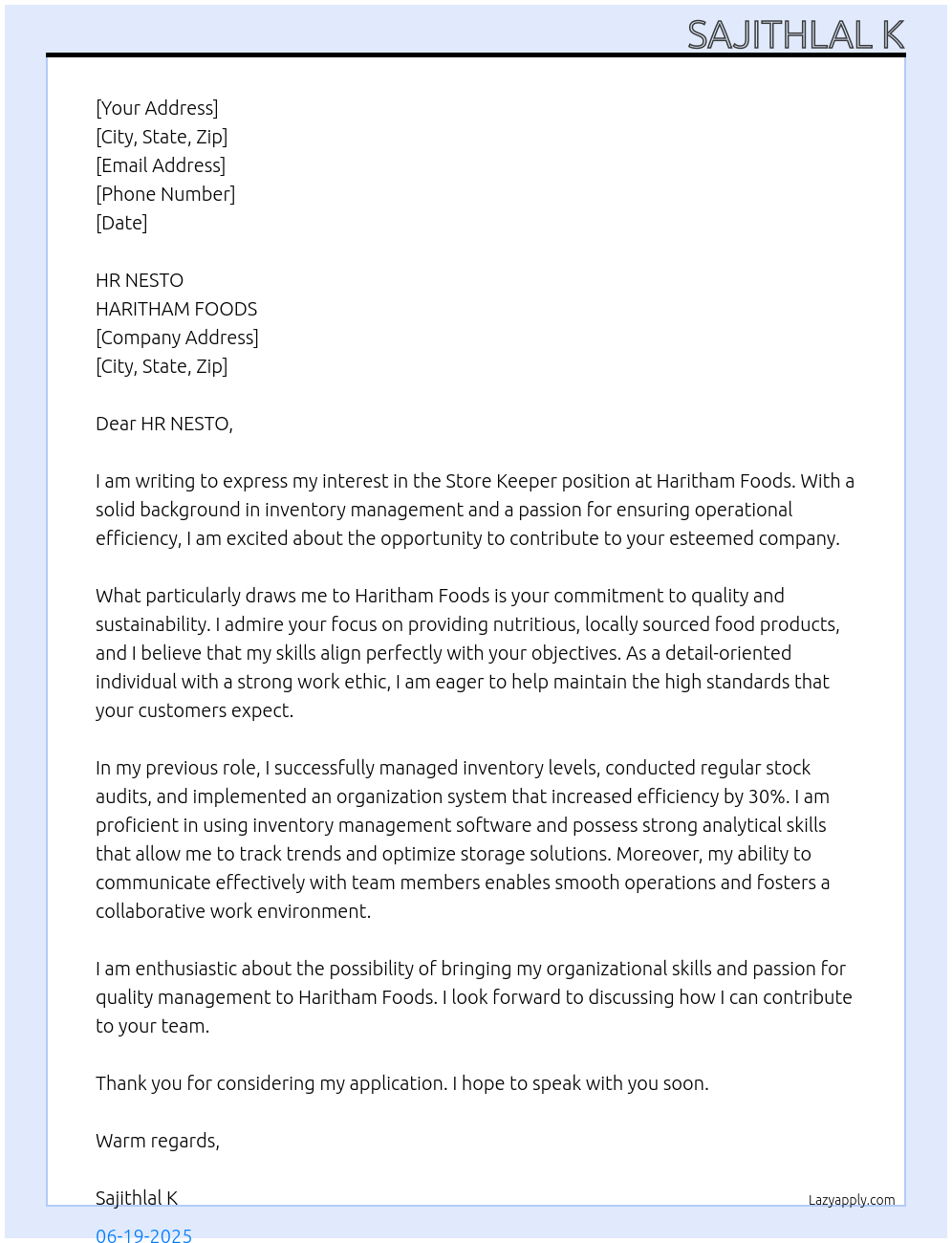 STORE KEEPER At HARITHAM FOODS Cover Letter