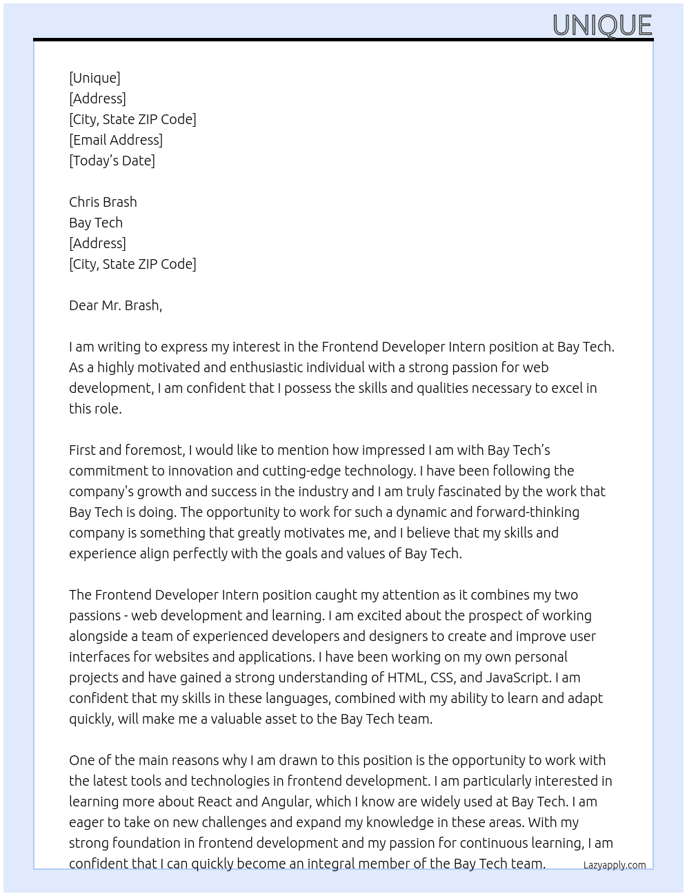 FRONTEND DEVELOPER INTERN At Bay Tech Cover Letter