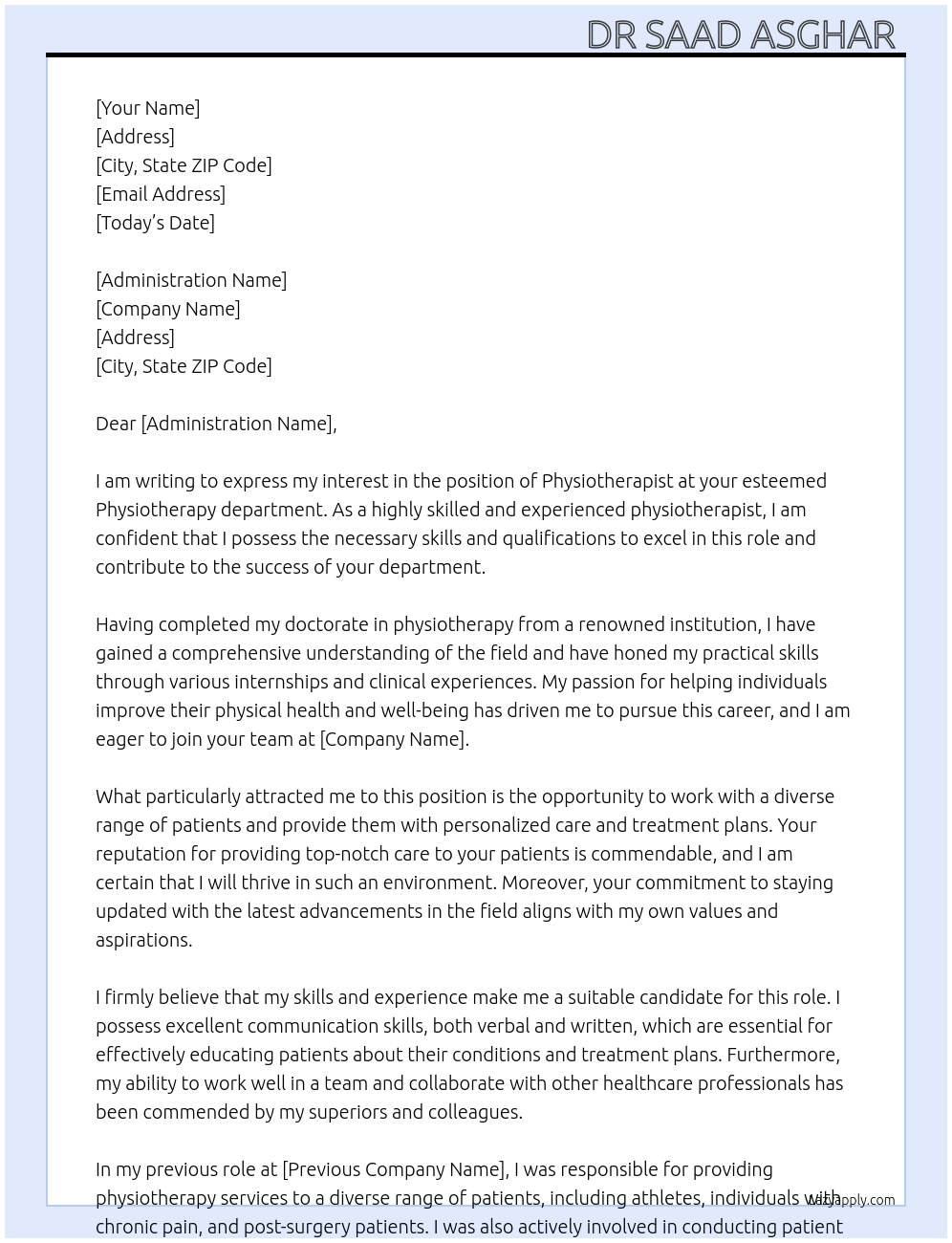 Physiotherapist  At Physiotherapy department Cover Letter