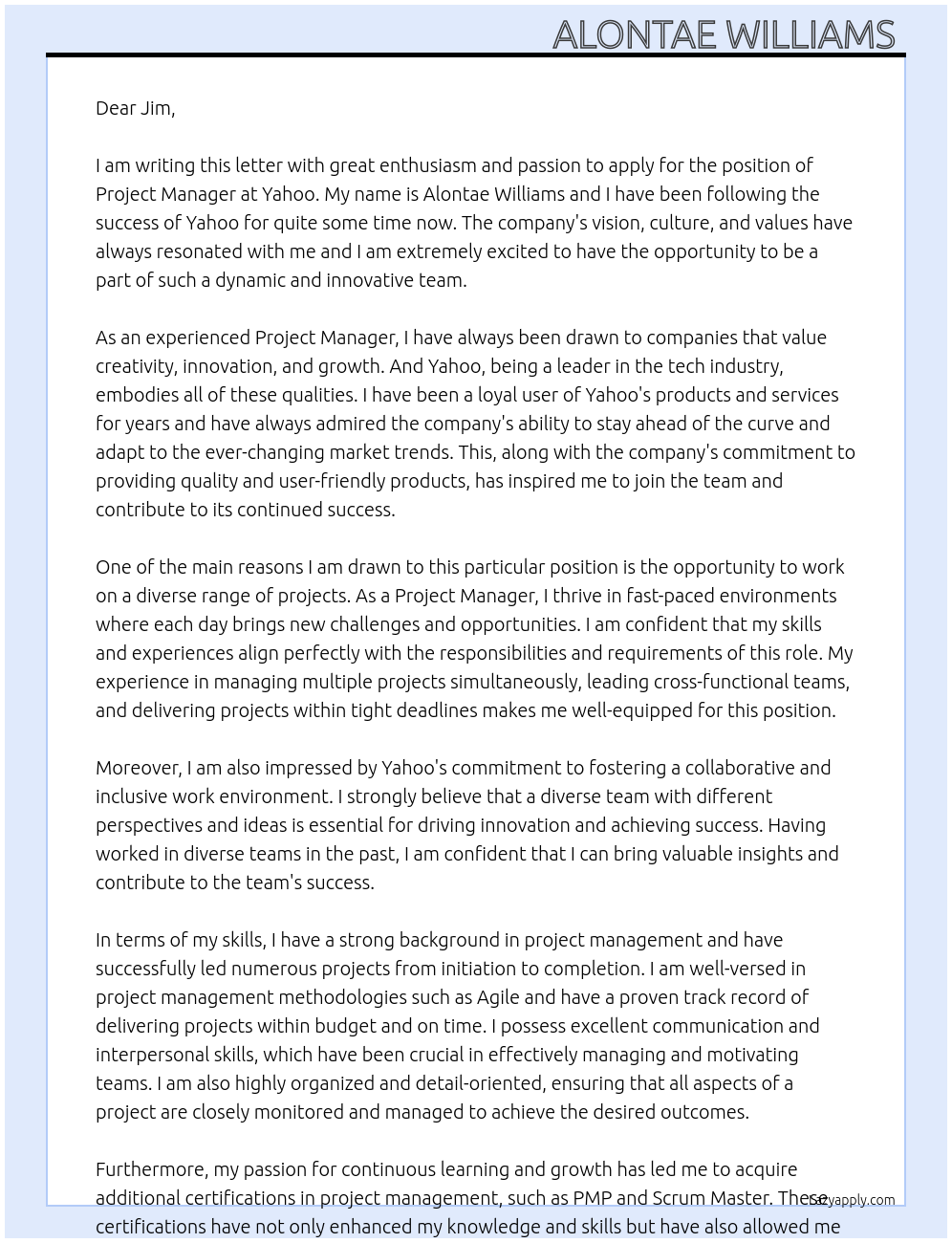 Project manager  At Yahoo  Cover Letter