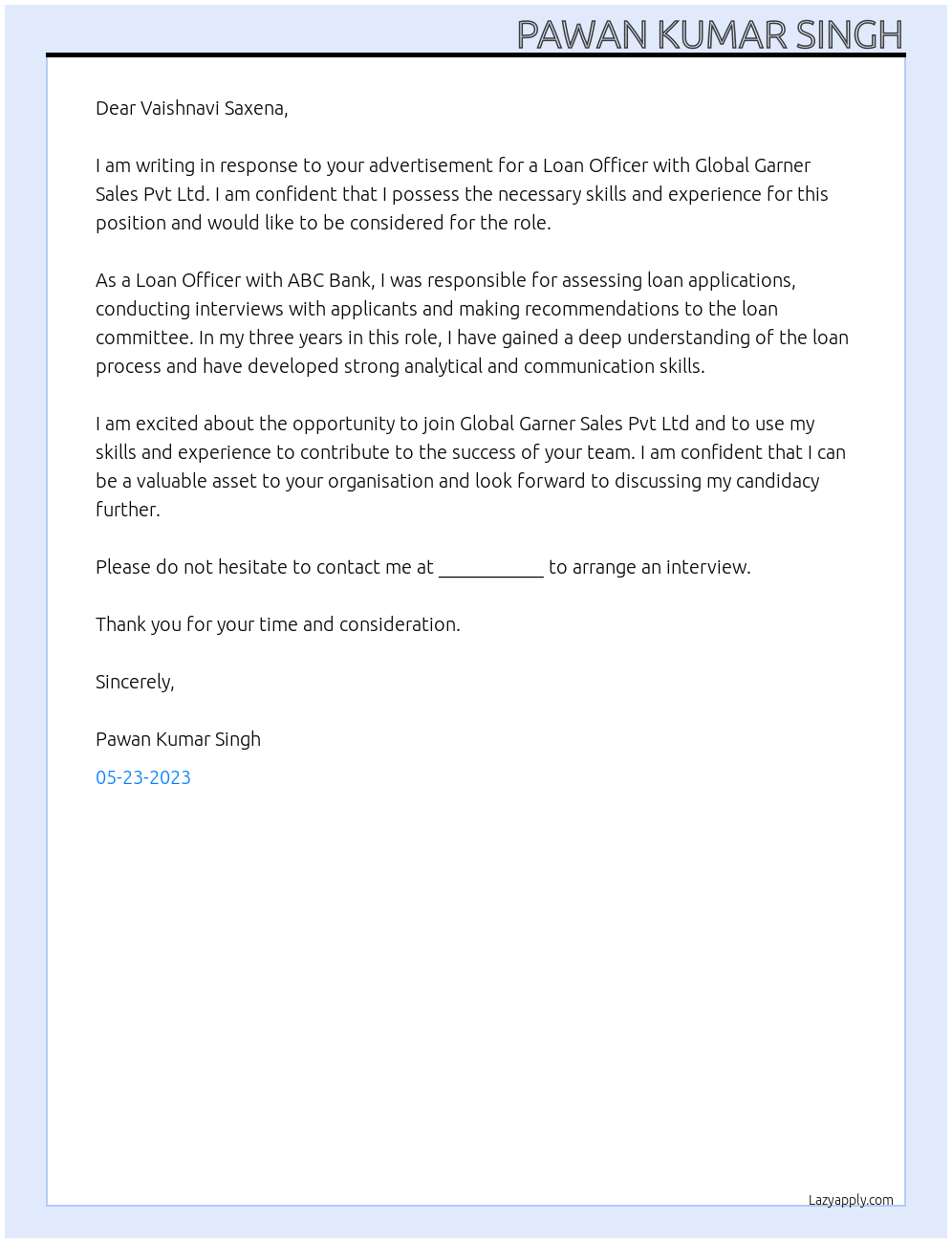 Loan Officer At Global Garner Sales Pvt Ltd Cover Letter