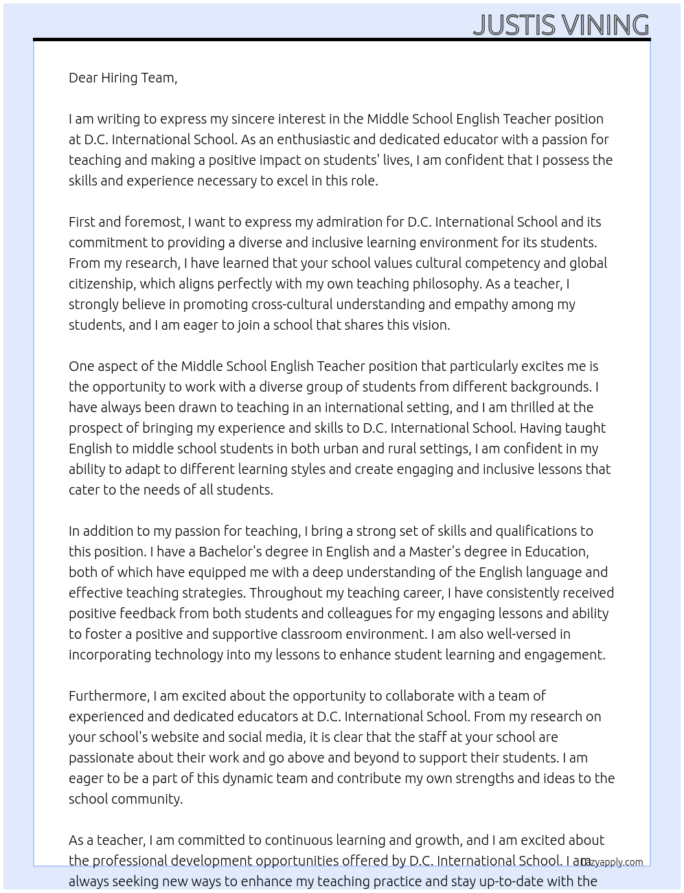 Middle School English Teacher At D.C. International School Cover Letter