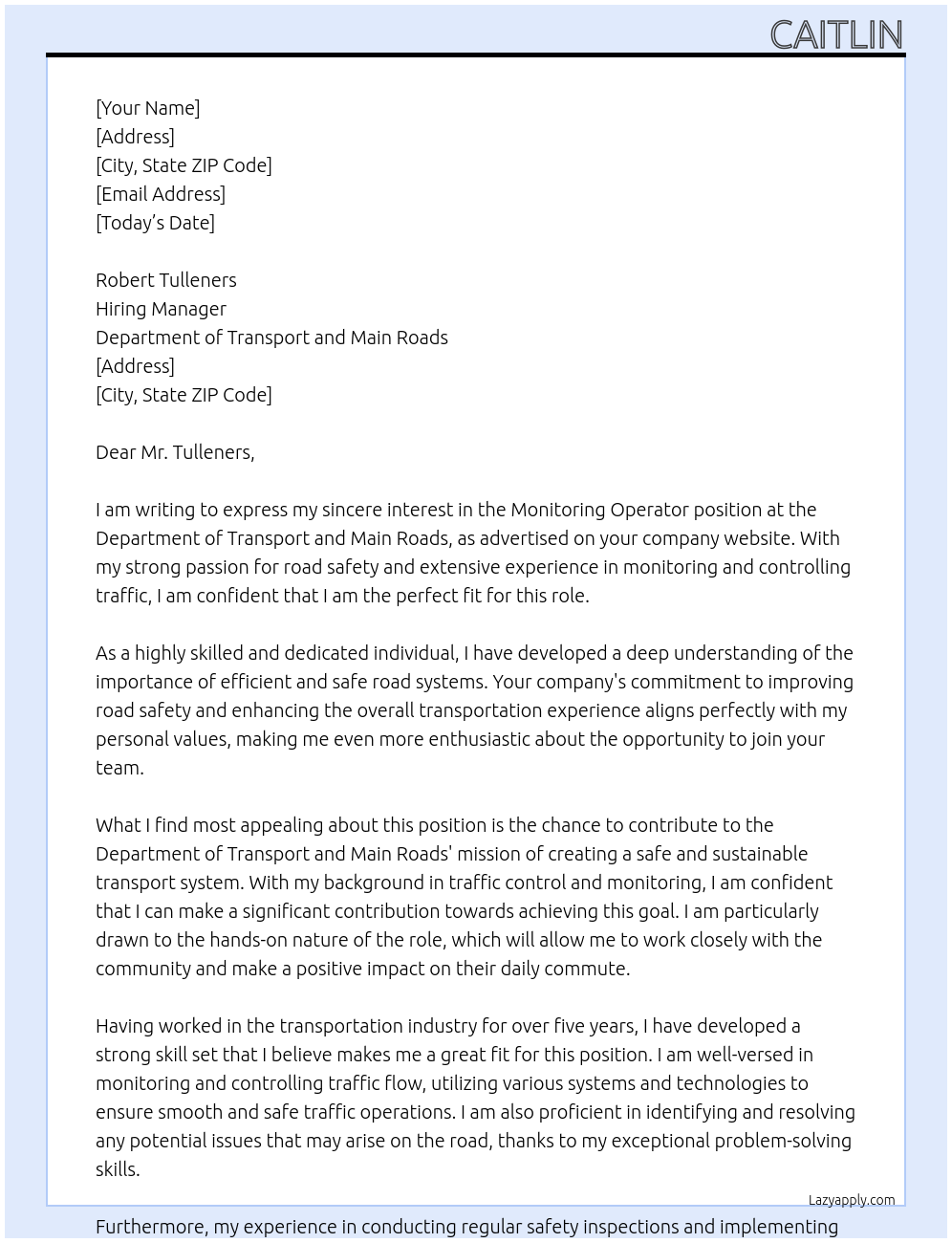 Monitoring Operator At Department of Transport and Main Roads Cover Letter