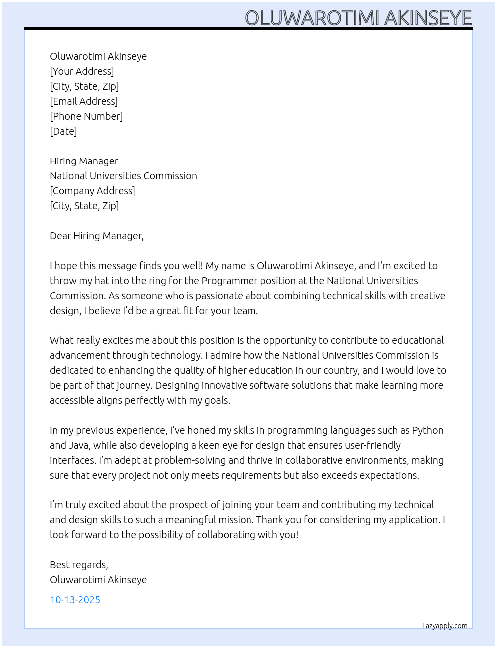 Cover letter for programmer - LazyApply