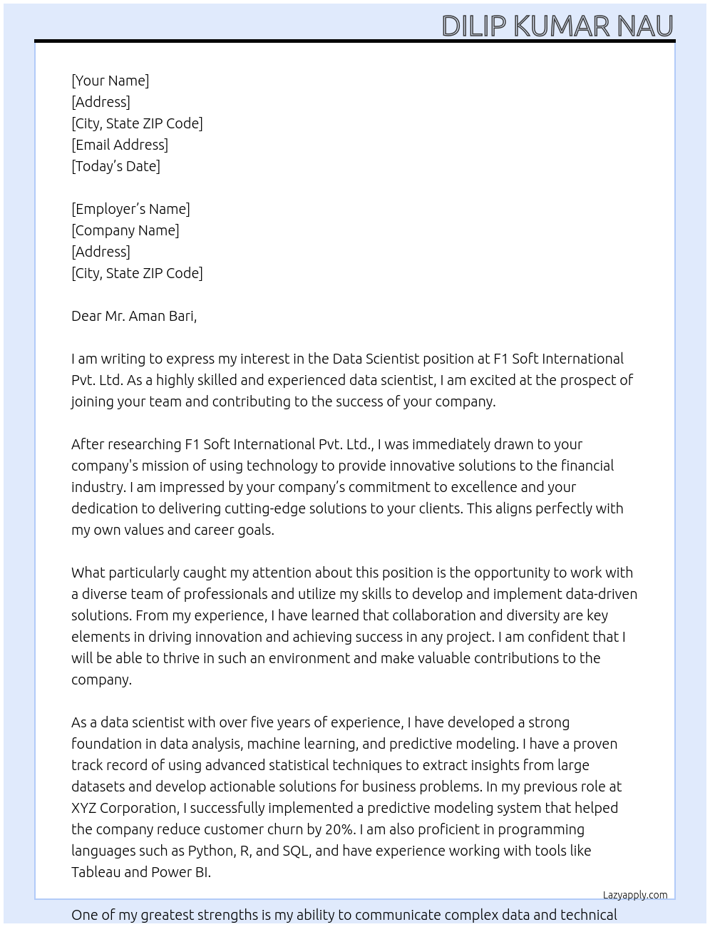 Data Scientist At F1 Soft International Pvt. Ltd. Cover Letter
