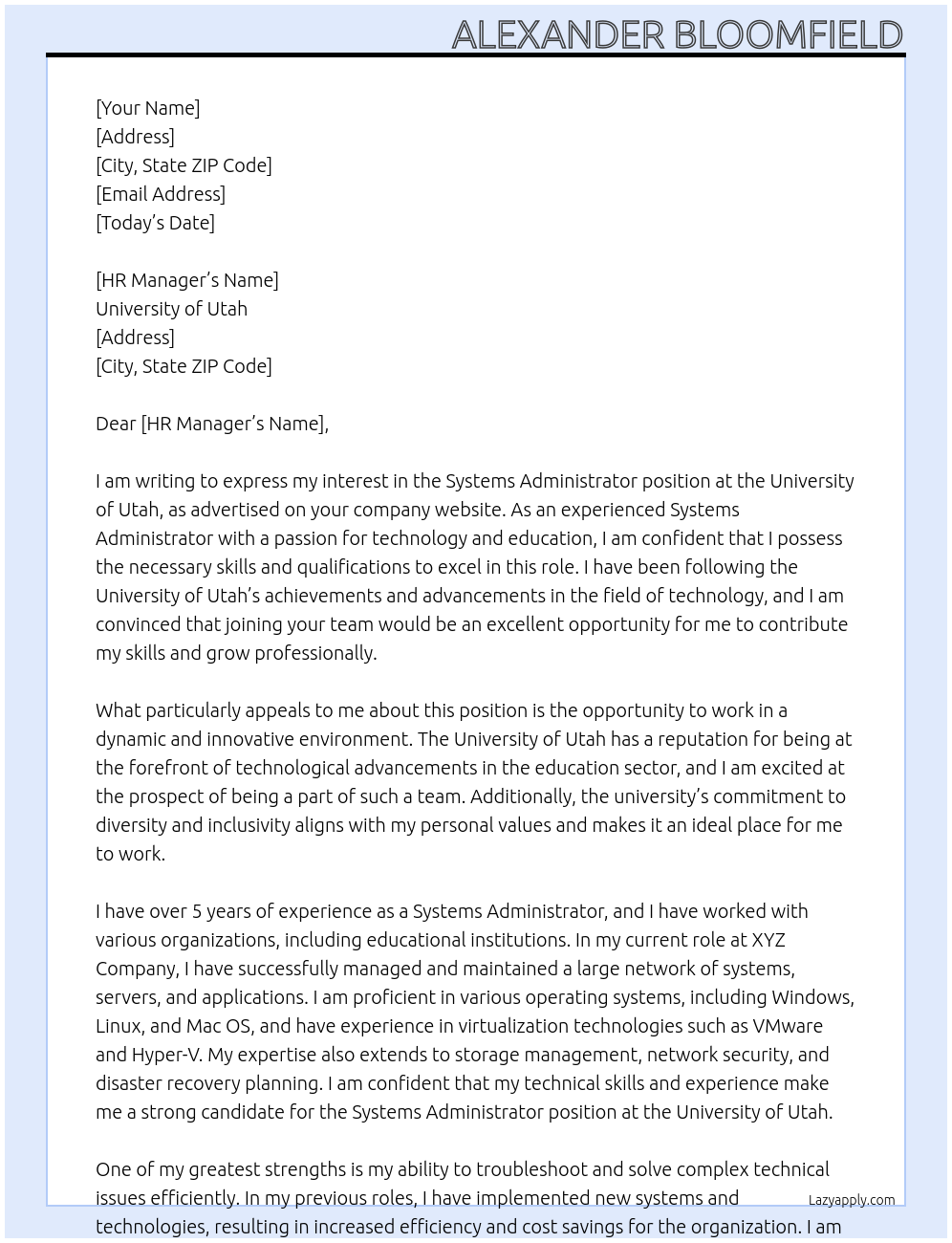 Systems Administrator At University of Utah Cover Letter