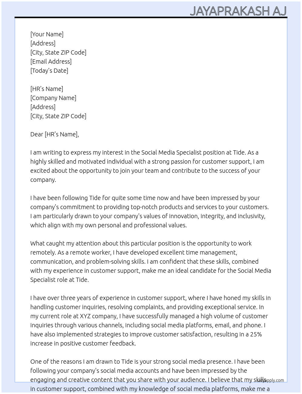 Social media specialist At Tide Cover Letter