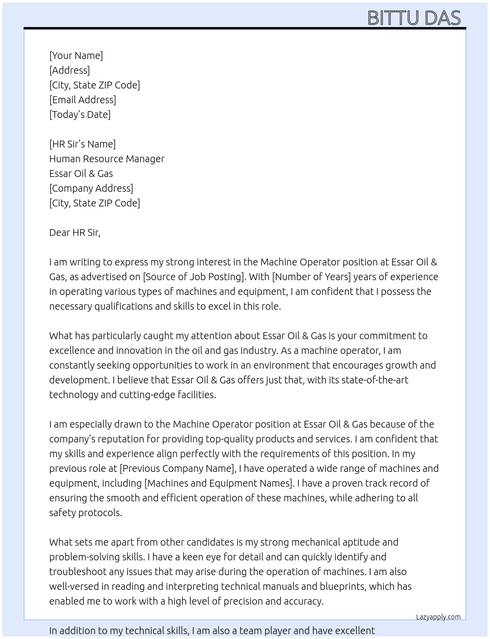 Machine operator At Essar oil & gas Cover Letter