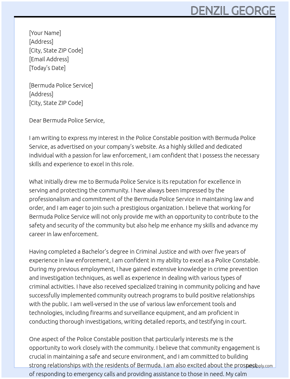 Police Constable At bermuda police service Cover Letter