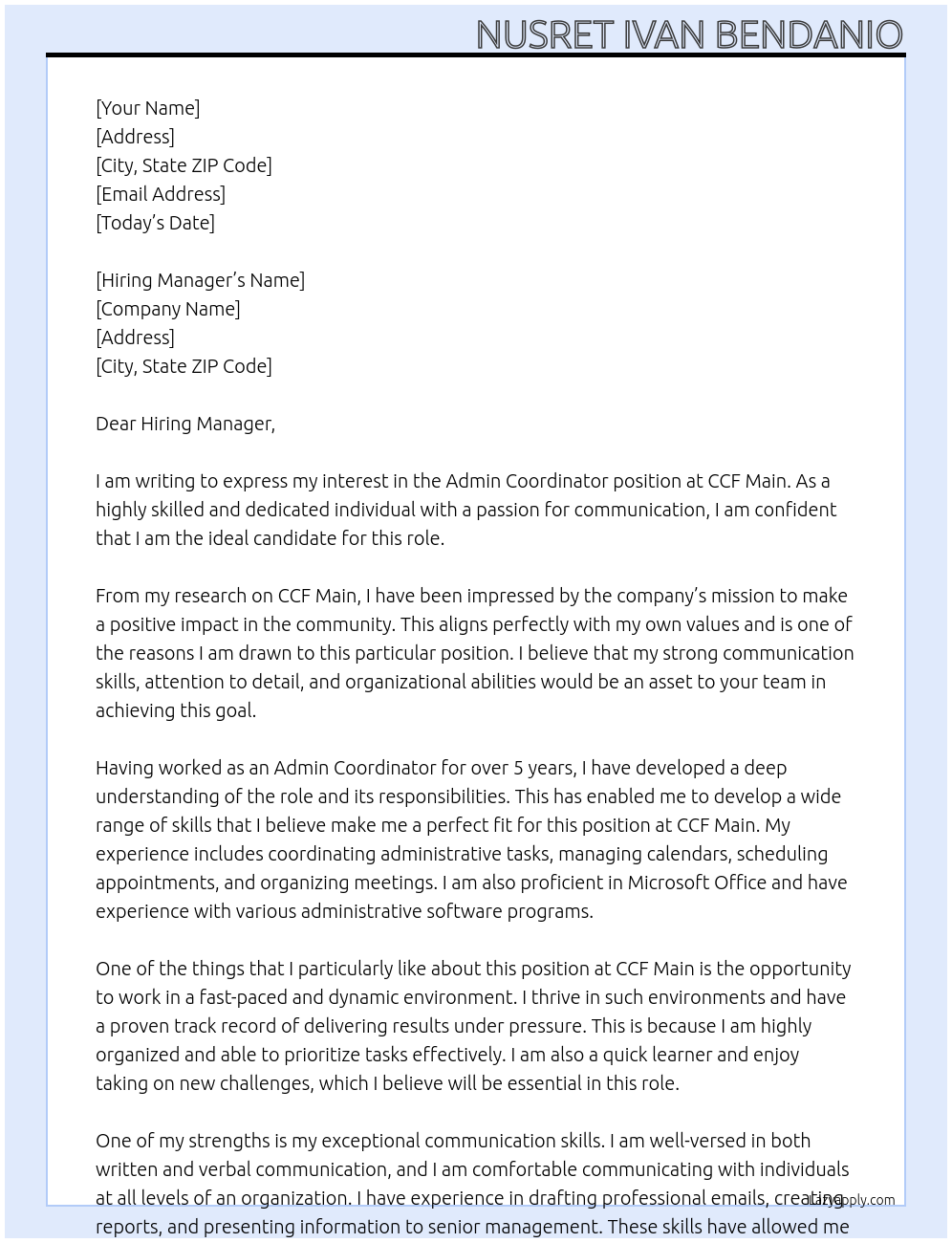 Admin Coordinator At CCF Main Cover Letter