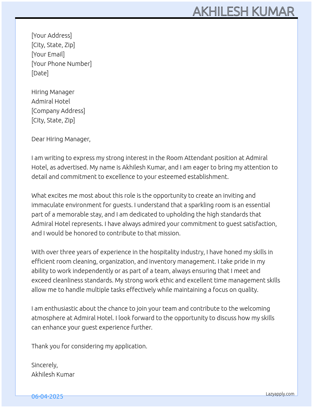 Room attendant  At Admiral hotel Cover Letter