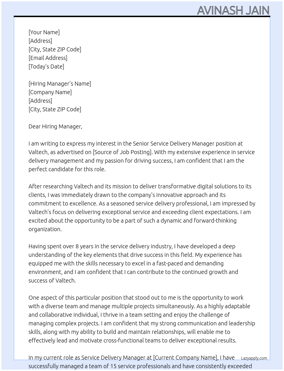 Senior service delivery manager At Valtech Cover Letter