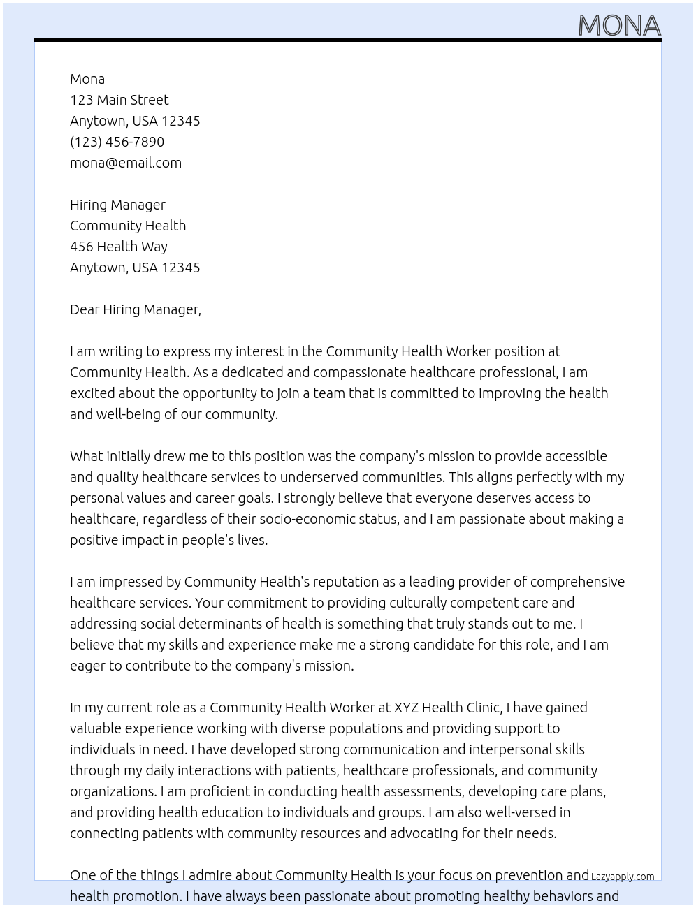 Community health worker At Community health Cover Letter