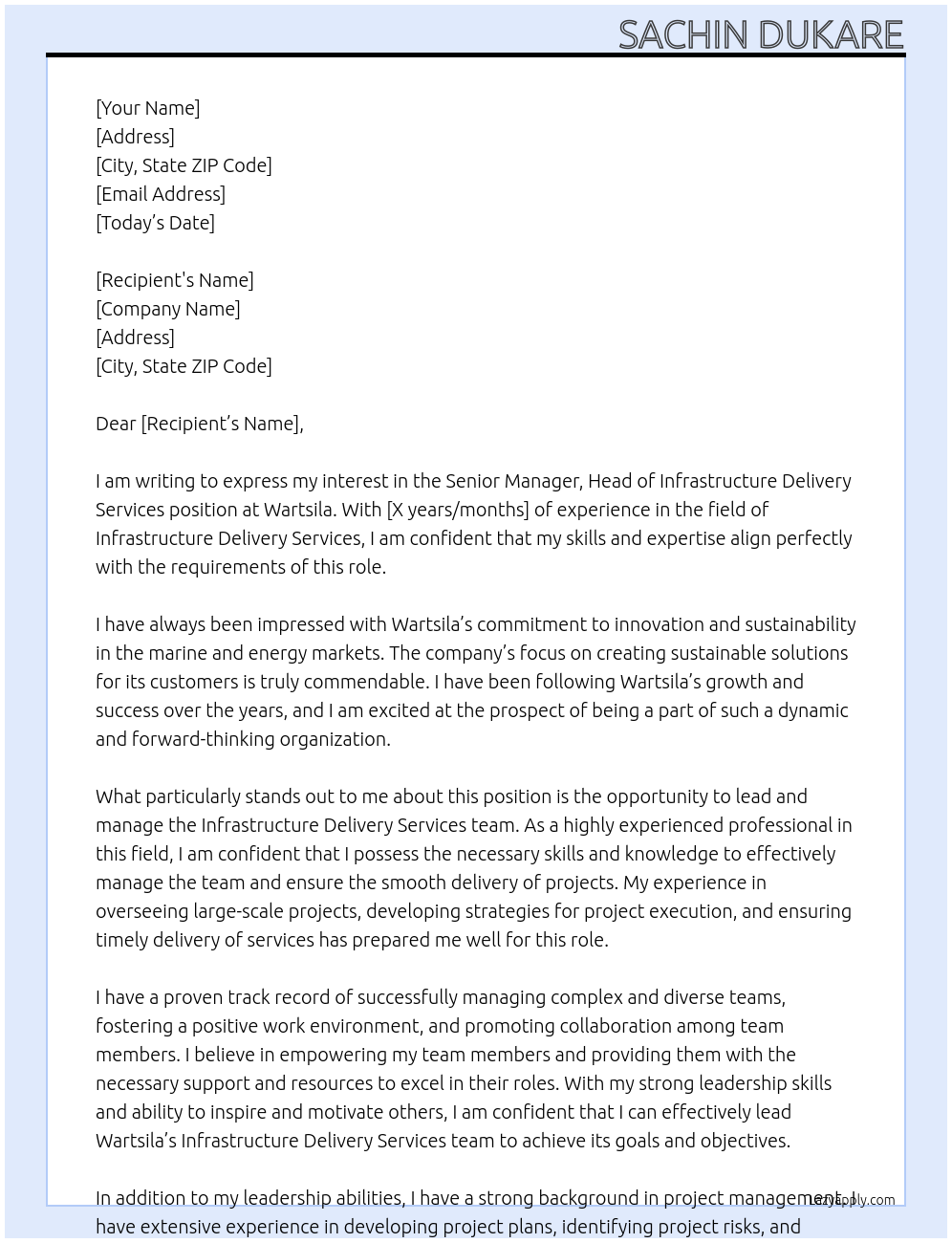 Cover letter for senior manager, head of infrastructure delivery services - LazyApply