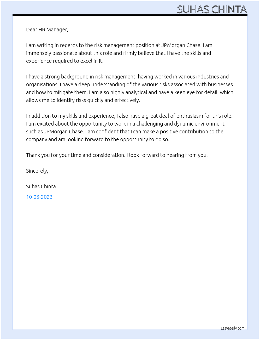 risk management At JPMorgan Chase Cover Letter