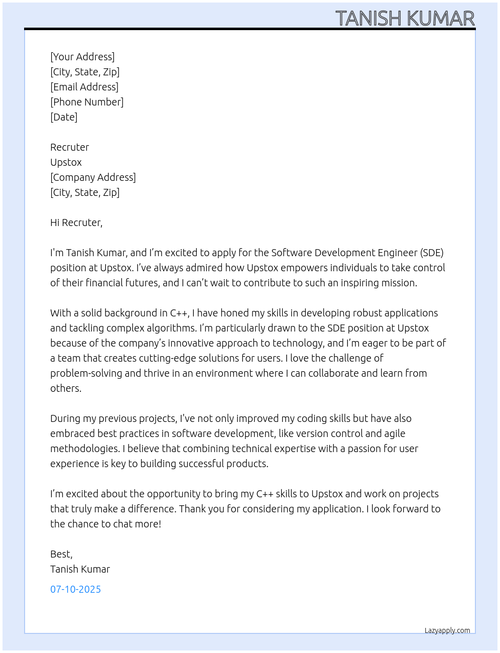 SDE At Upstox Cover Letter