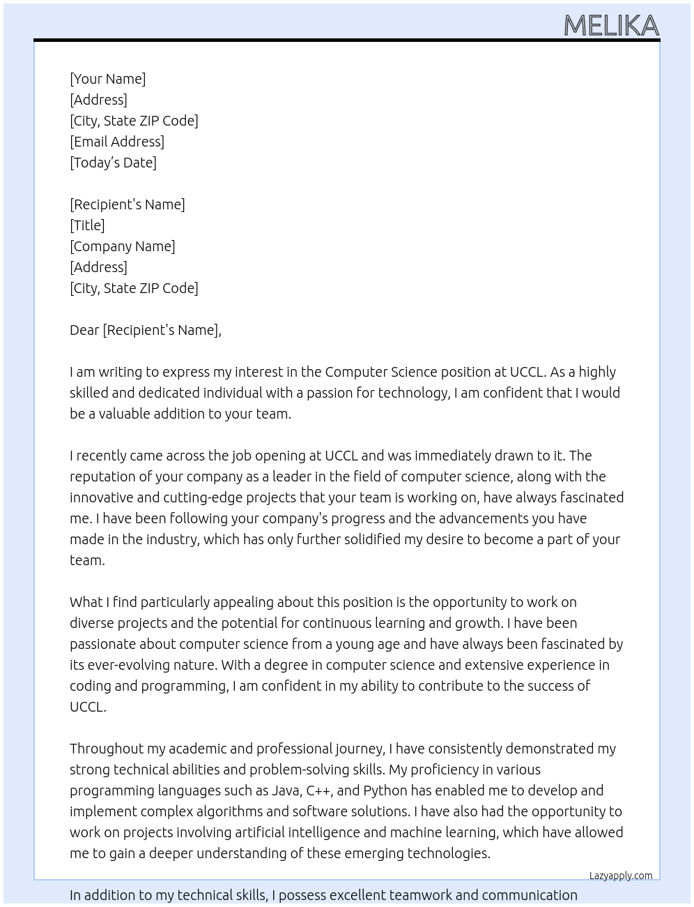 Computer science At Uccl Cover Letter