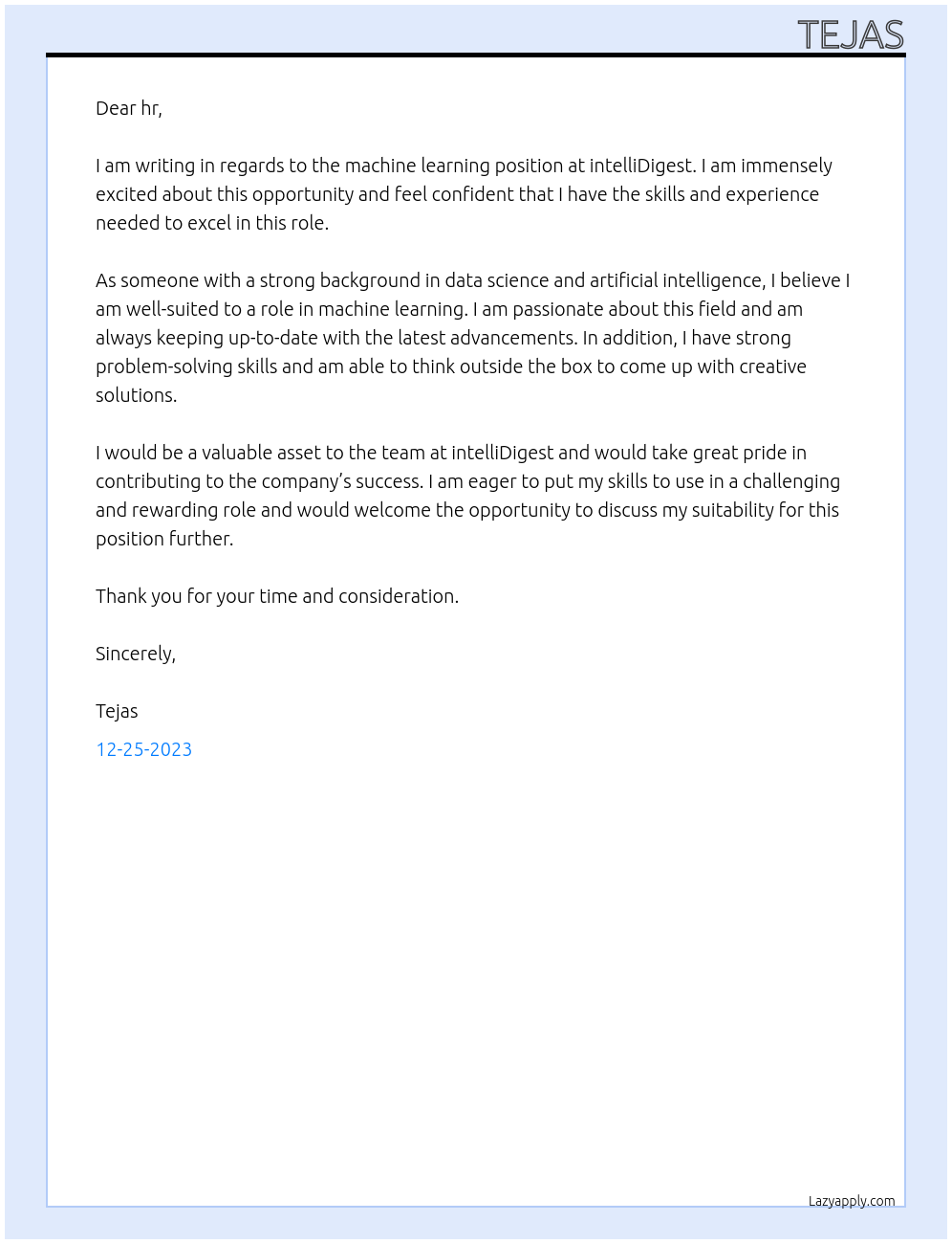 machine learning At intelliDigest Cover Letter