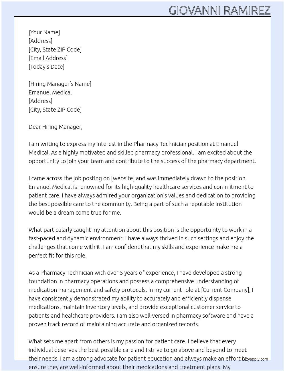 Pharmacy Technician At Emanuel Medical  Cover Letter