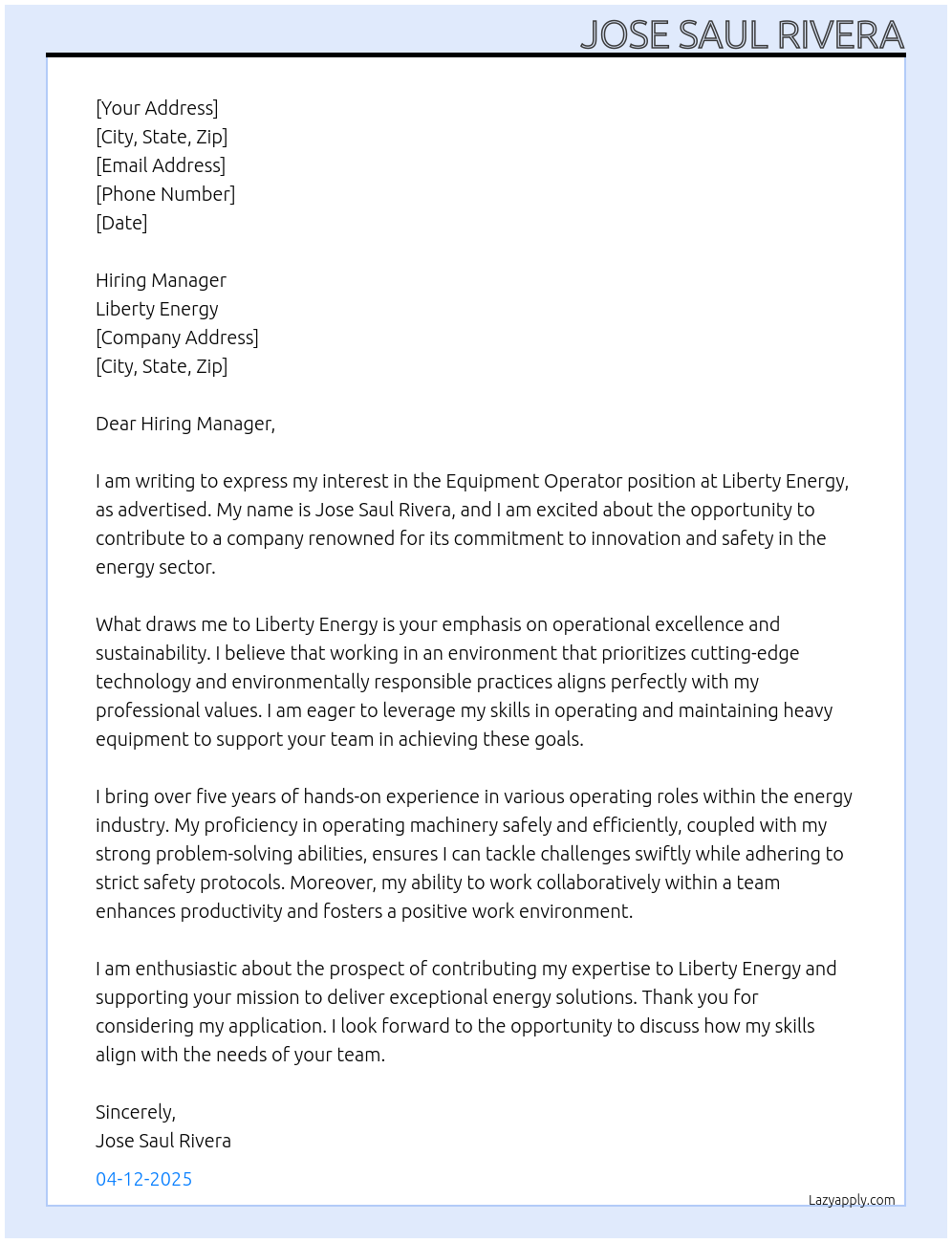 Equipment Operator At Liberty Energy Cover Letter
