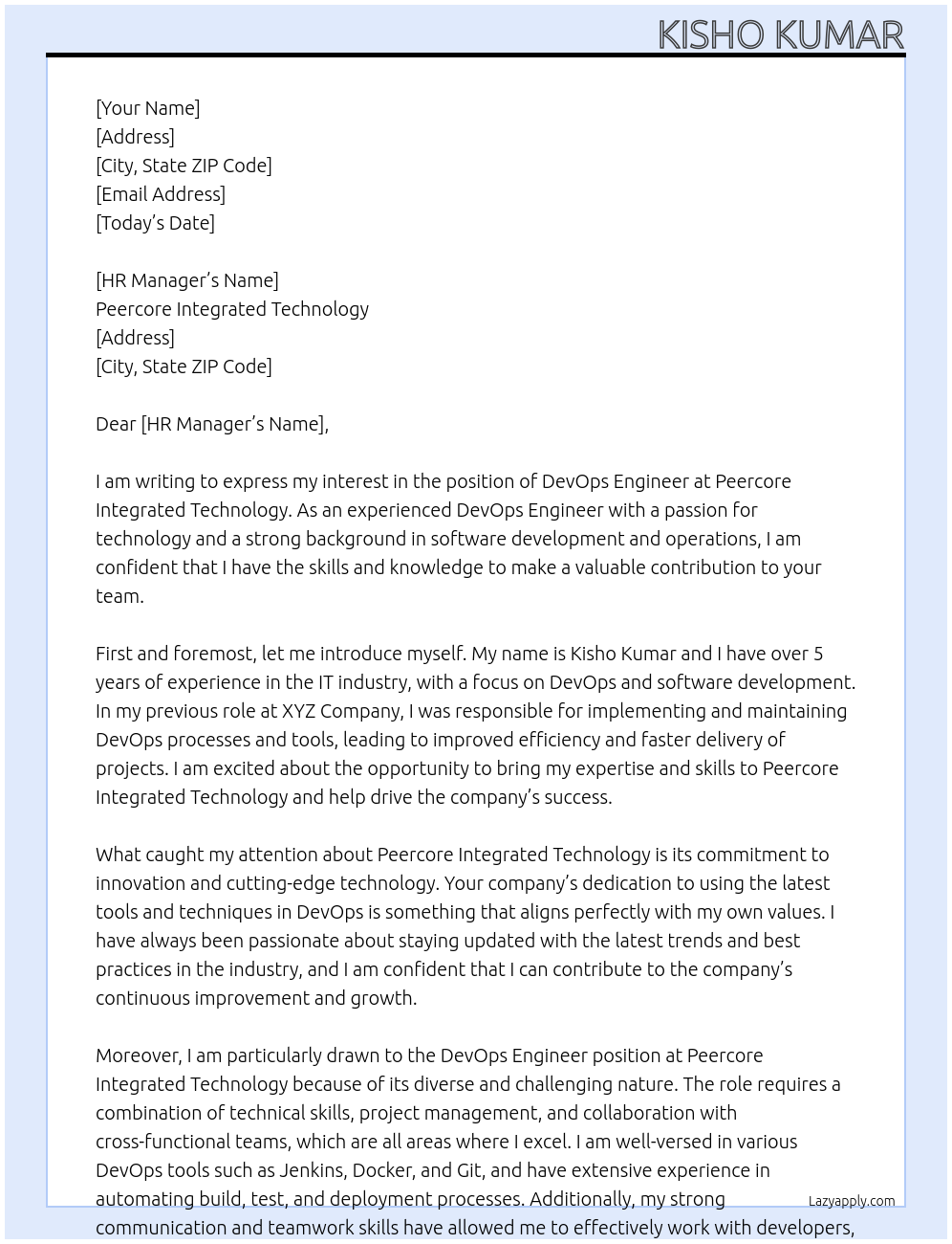 devops enginner At peercore integrated tecnology Cover Letter