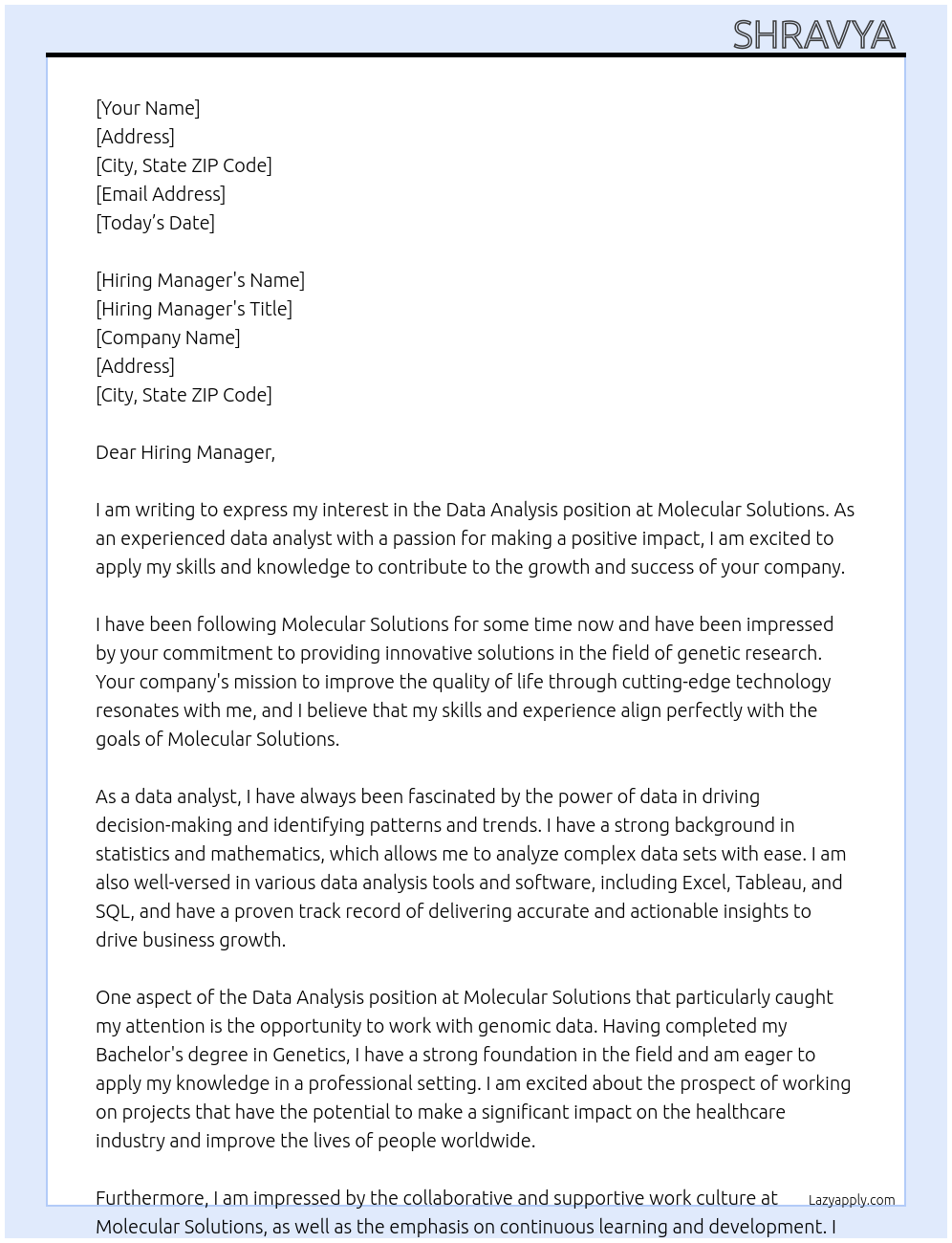 Data analysis At Molecular solutions Cover Letter