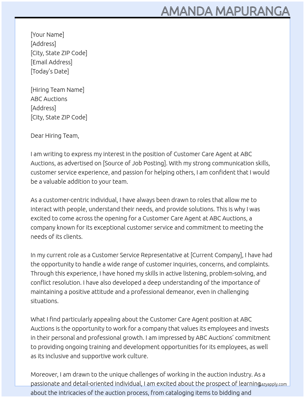 customer care agent At abc auctions Cover Letter