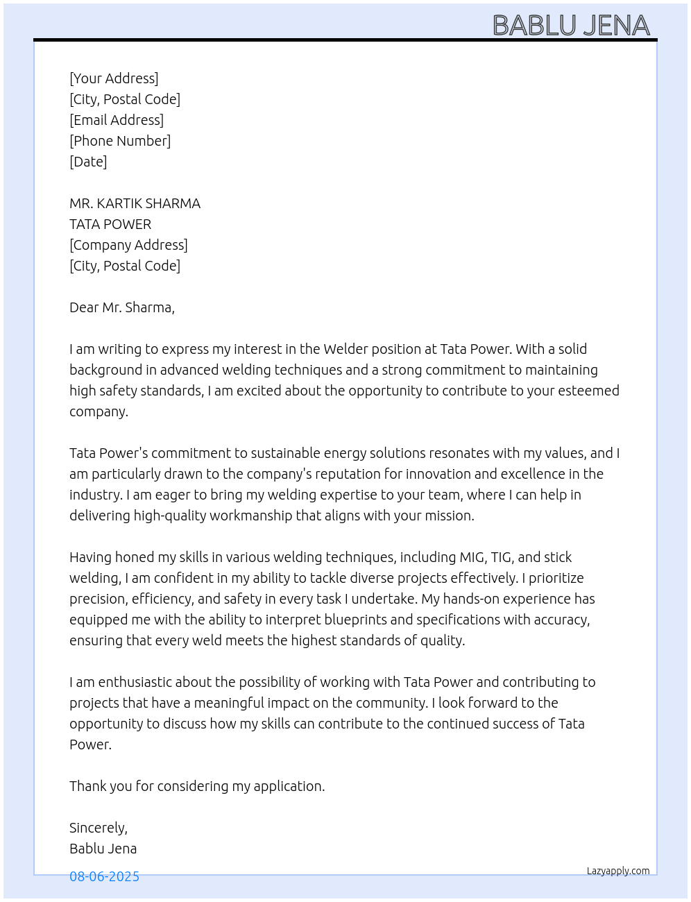 welder At TATA POWER Cover Letter