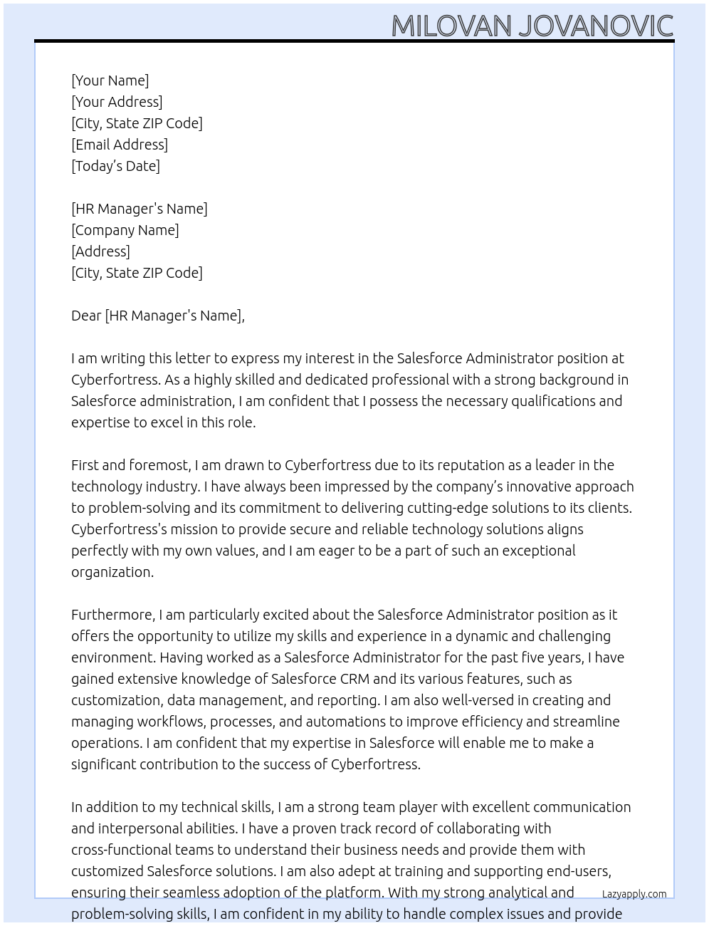 Salesforce Administrator At Cyberfortress Cover Letter
