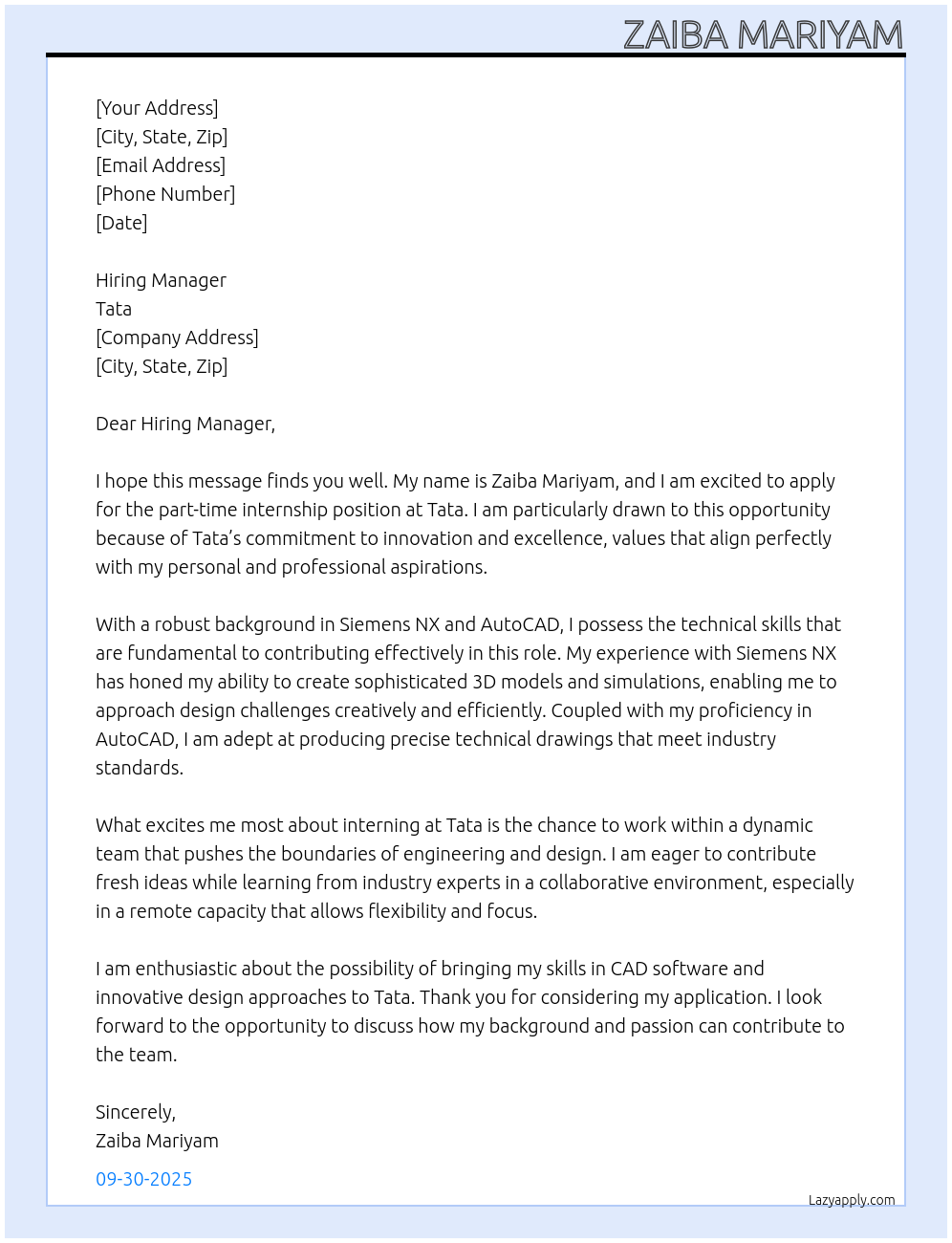 Internship At Tata Cover Letter