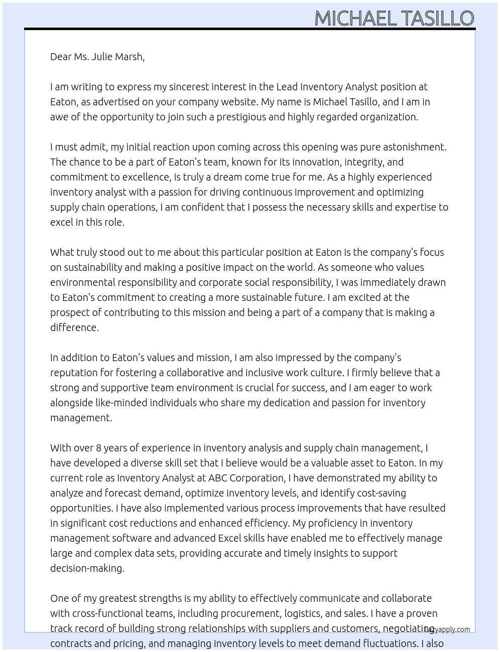 Lead Inventory Analyst At Eaton Cover Letter