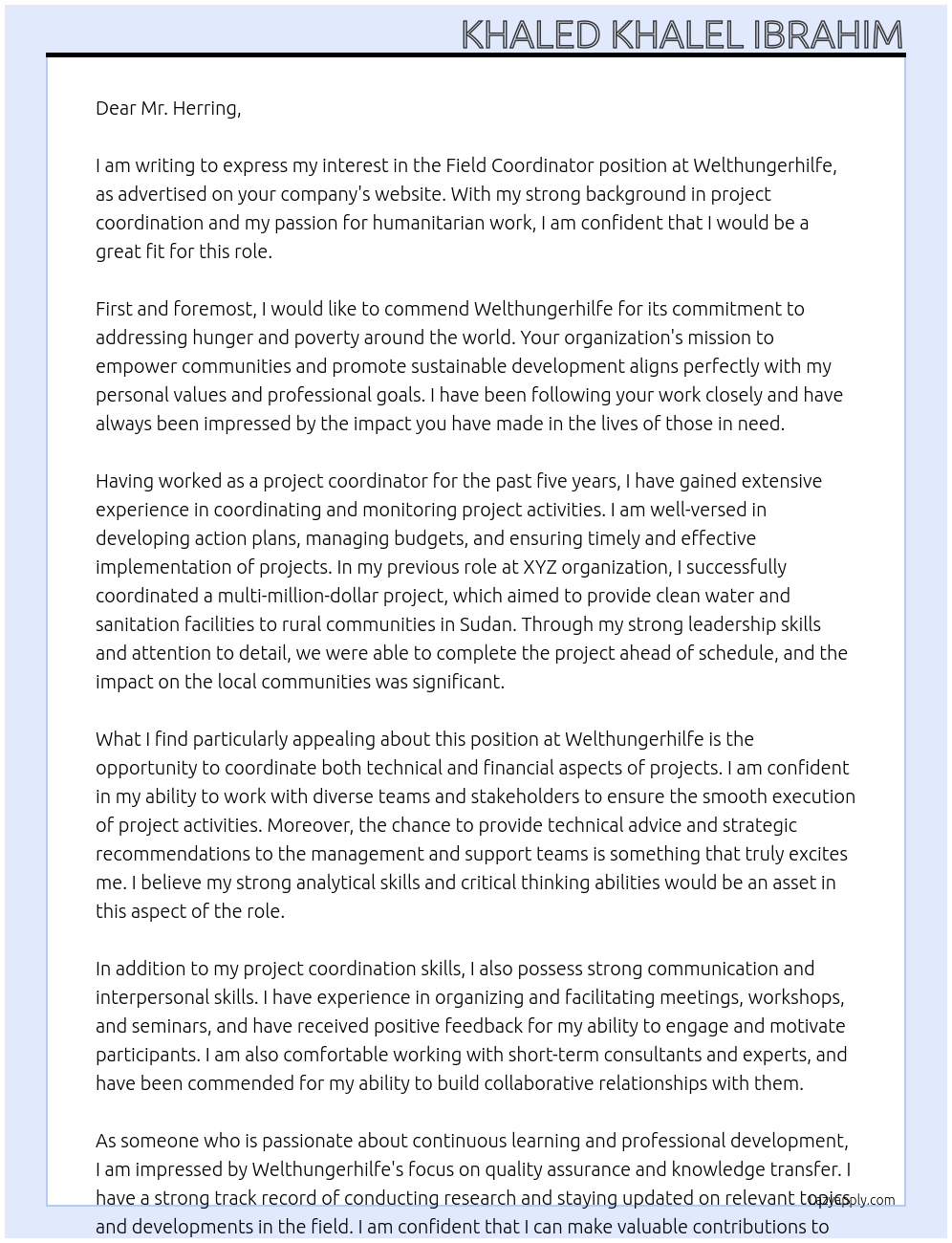 Field Coordinator At Welthungerhilfe Cover Letter