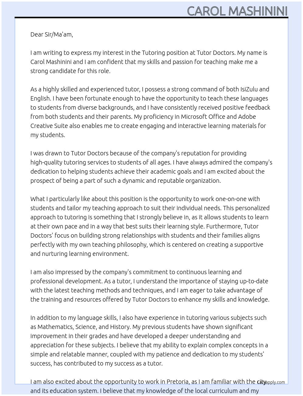 Tutor At Tutor Doctors Cover Letter