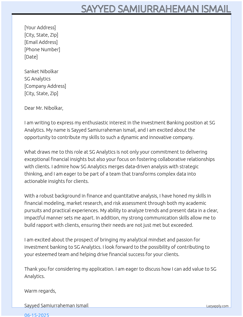 Investment banking At SG Analytics Cover Letter