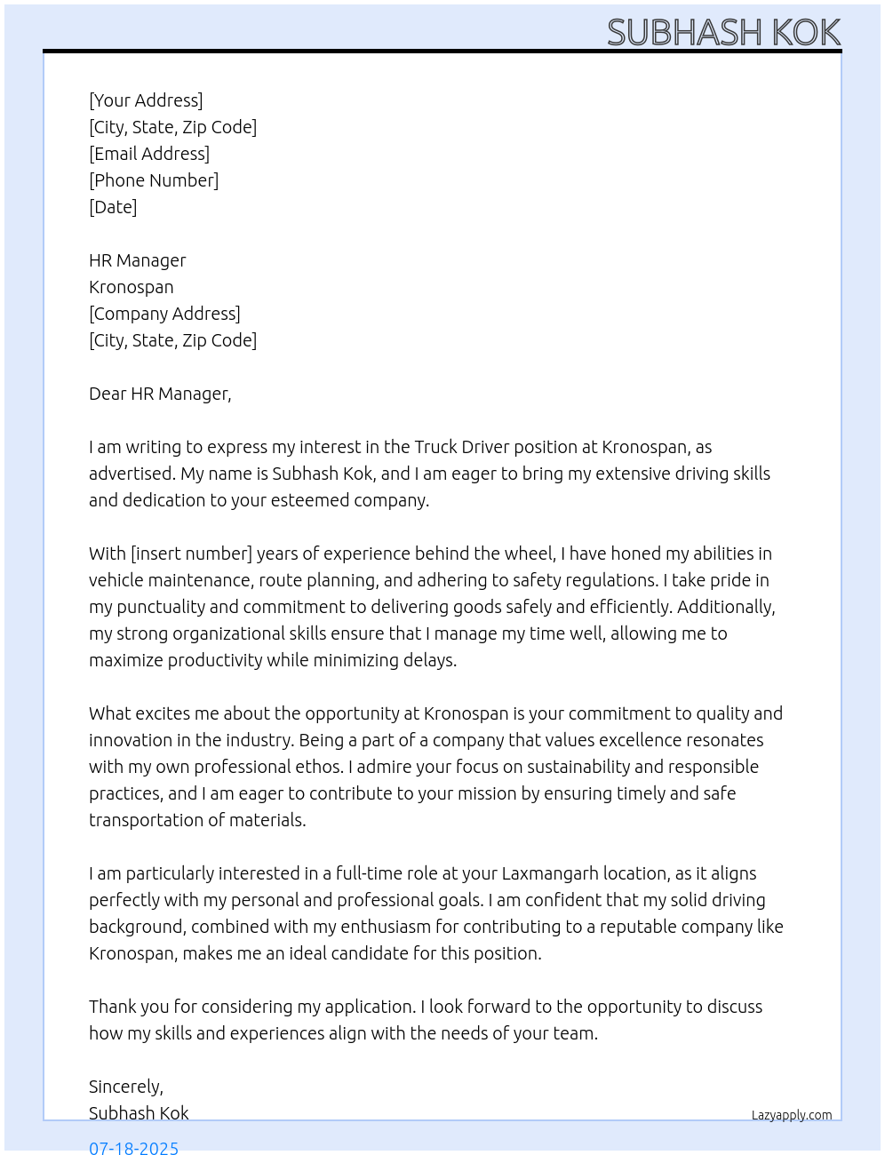 Truck driver At Kronospan Cover Letter