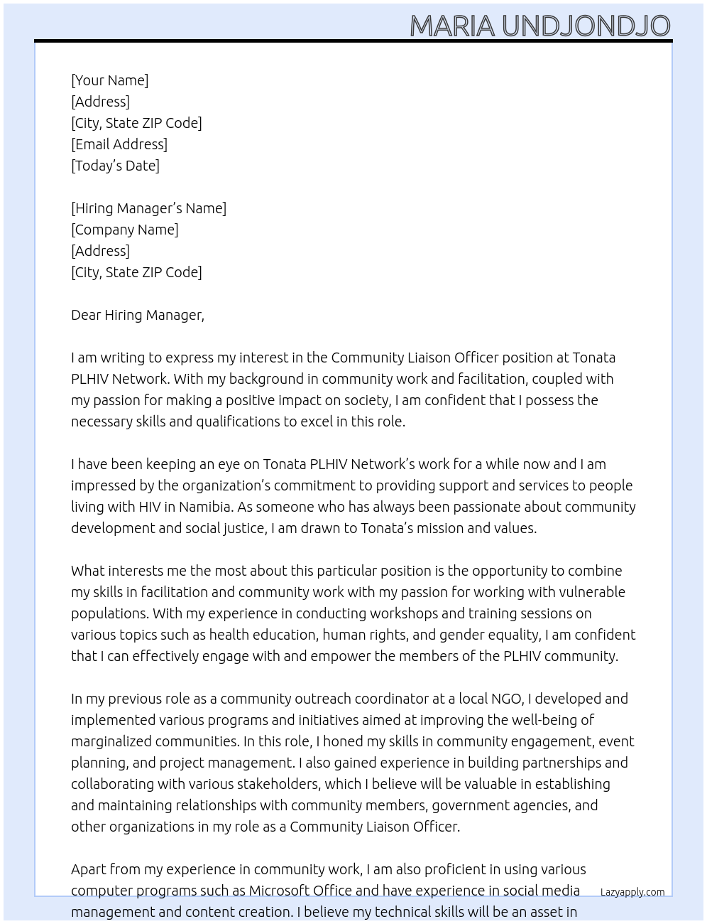 Community liaison officer At Tonata PLHIV Network Cover Letter
