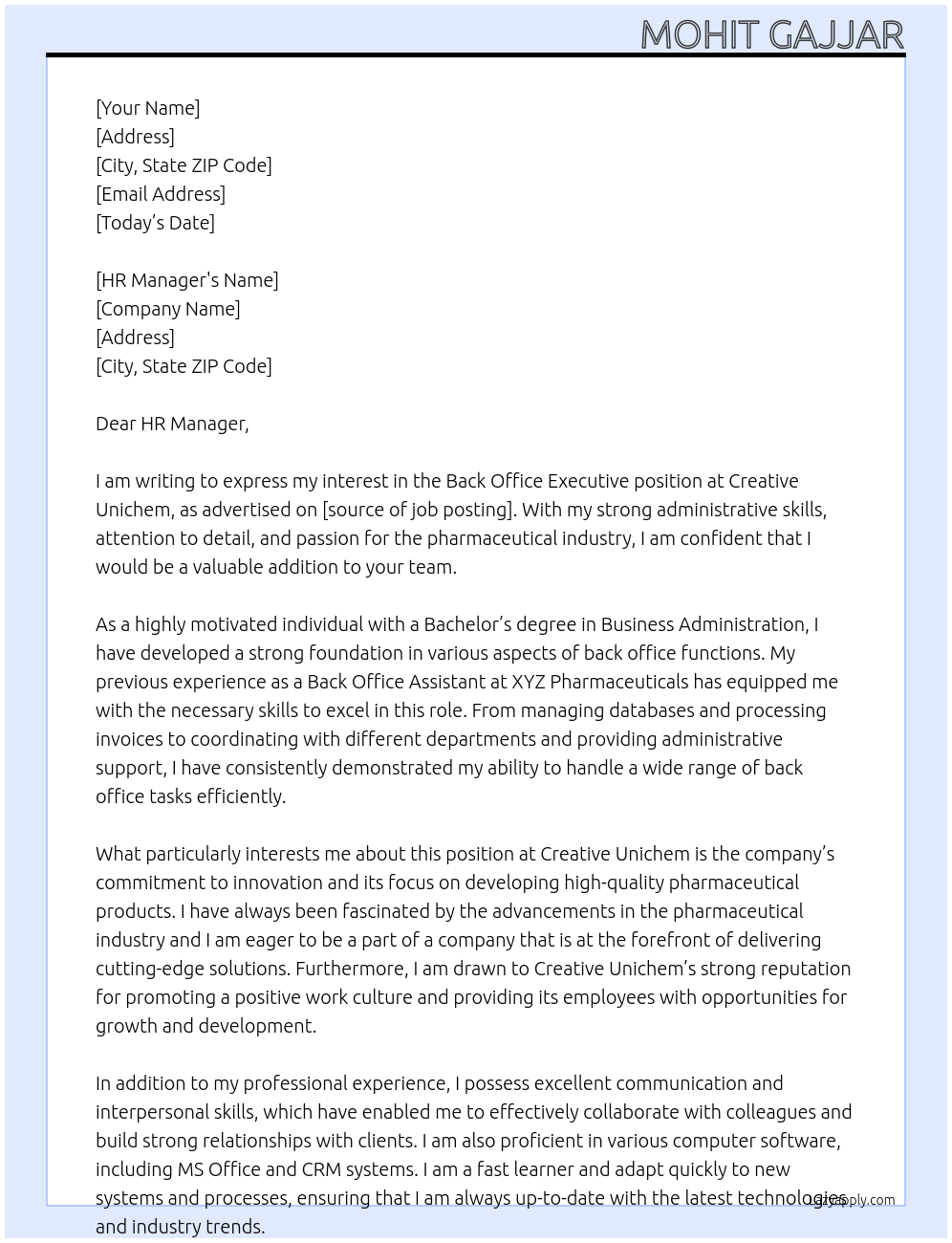 BACK OFFICE EXECUTIVE At CREATIVE UNICHEM Cover Letter