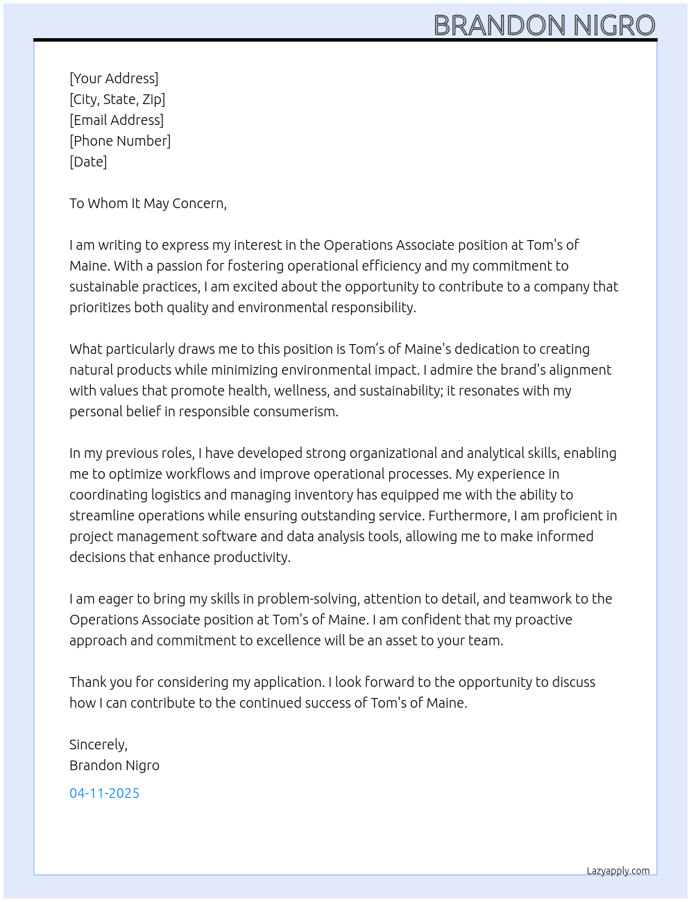Operations Associate At Tom's of Maine Cover Letter