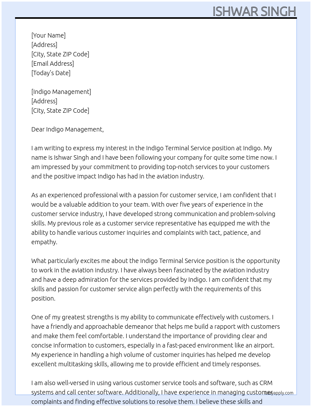 indigo terminal service  At indigo  Cover Letter