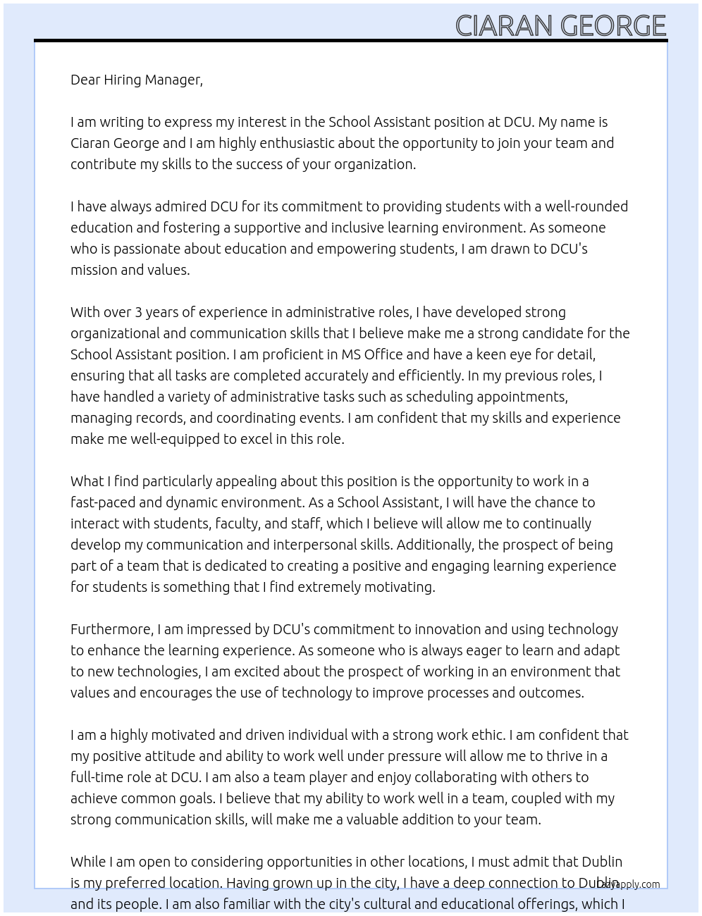 School Assistant At DCU Cover Letter
