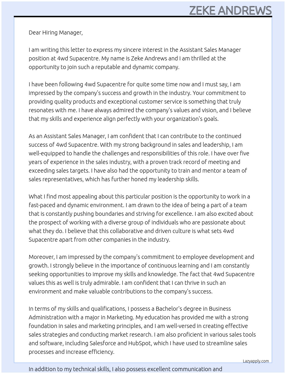 Assistant sales manager At 4wd Supacentre Cover Letter