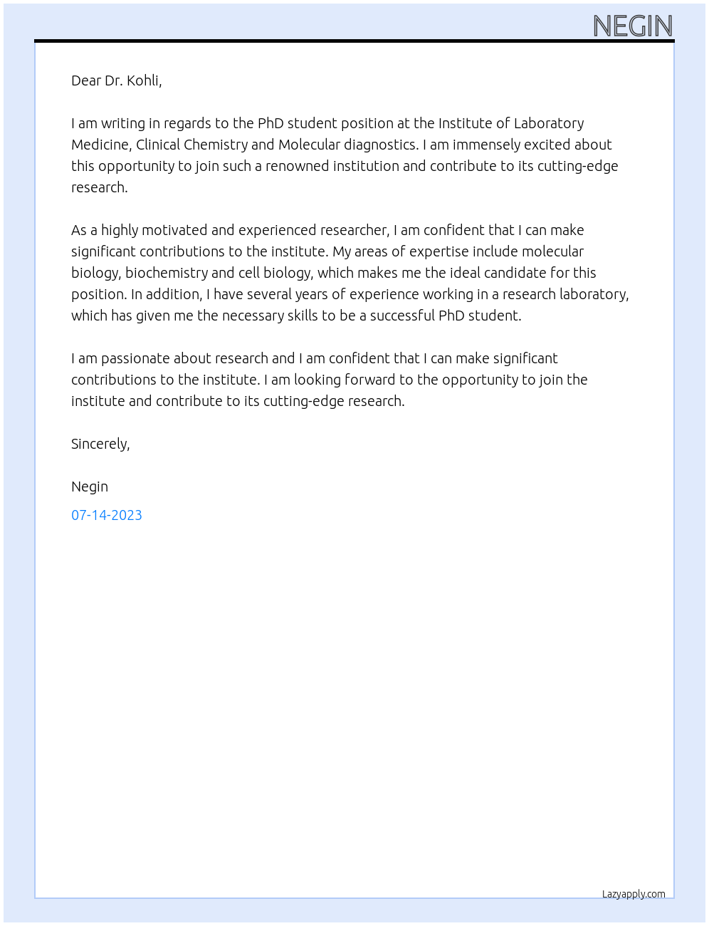 Phd student At Institute of Laboratory Medicine, Clinical Chemistry and  Molecular diagnostics Cover Letter