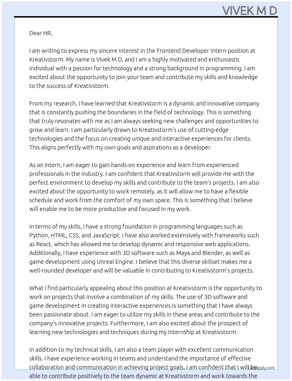 Frontend Developer - Intern At Kreativstorm Cover Letter