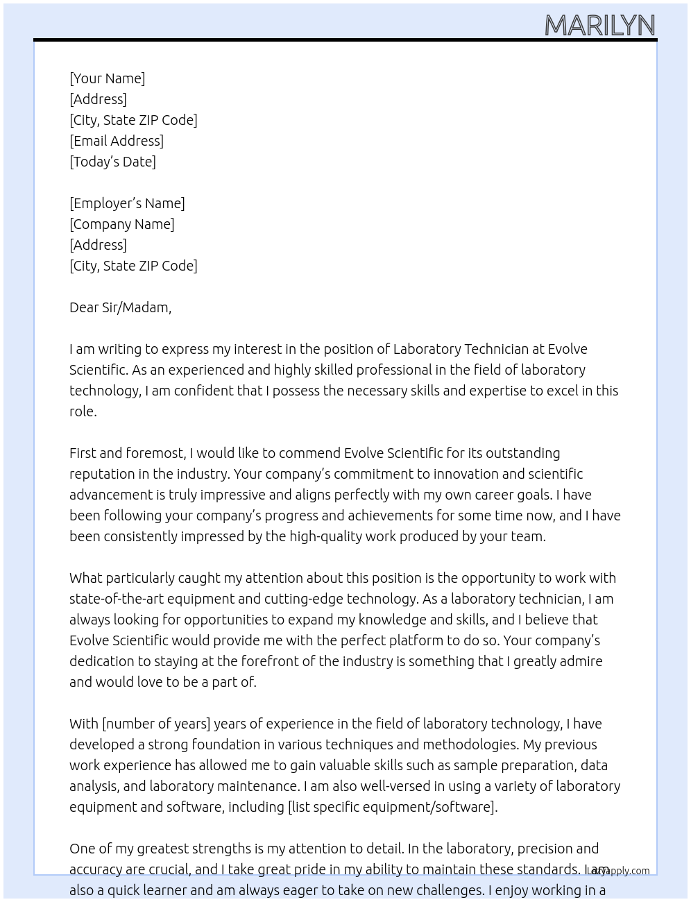 laboratory technician At Evolve Scientific Cover Letter