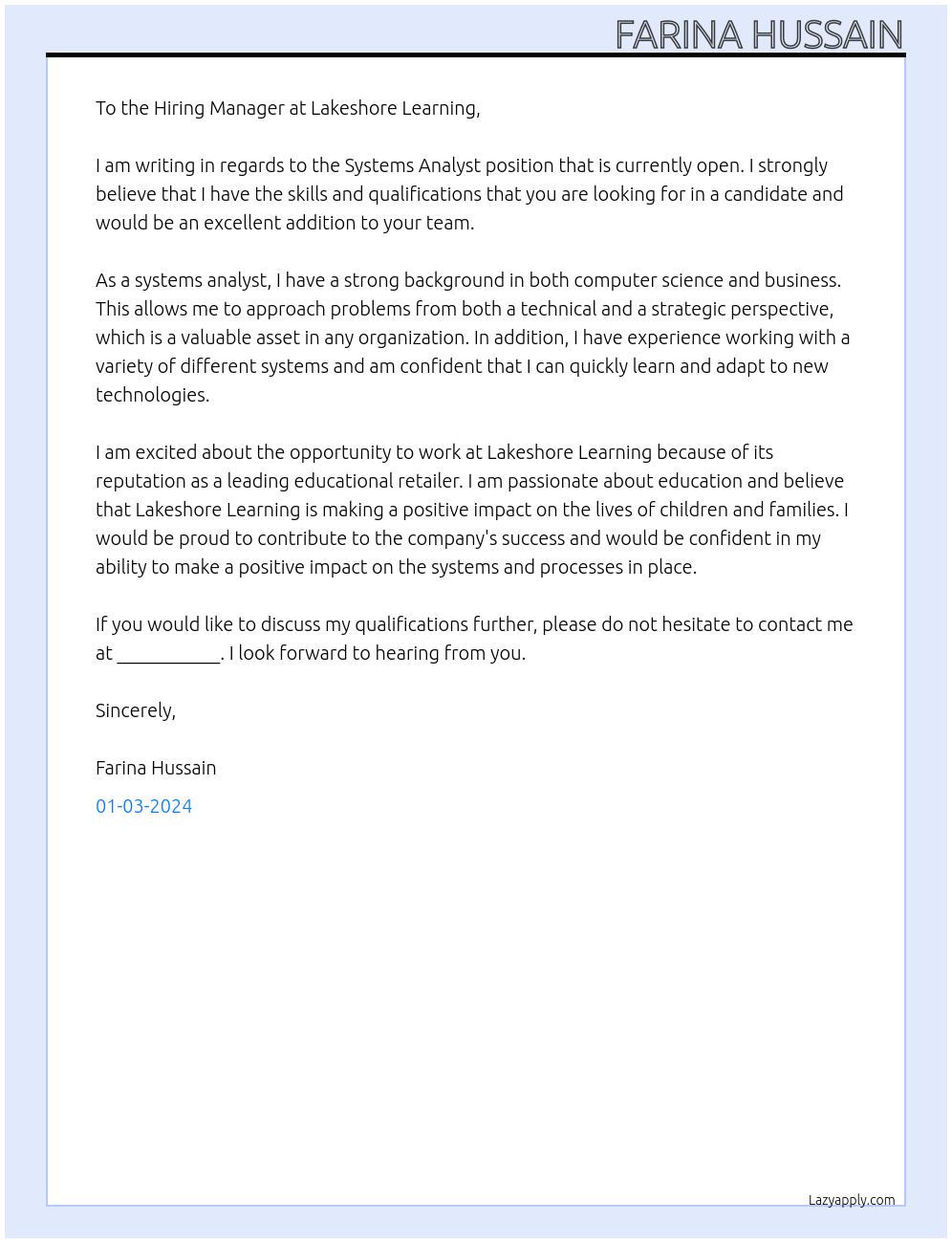 Systems Analyst At Lakeshore Learning Cover Letter