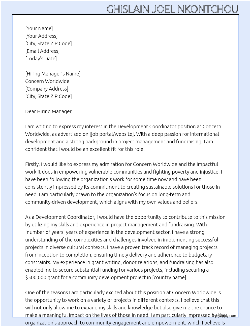 Development Coordinator At Concern Worldwide Cover Letter