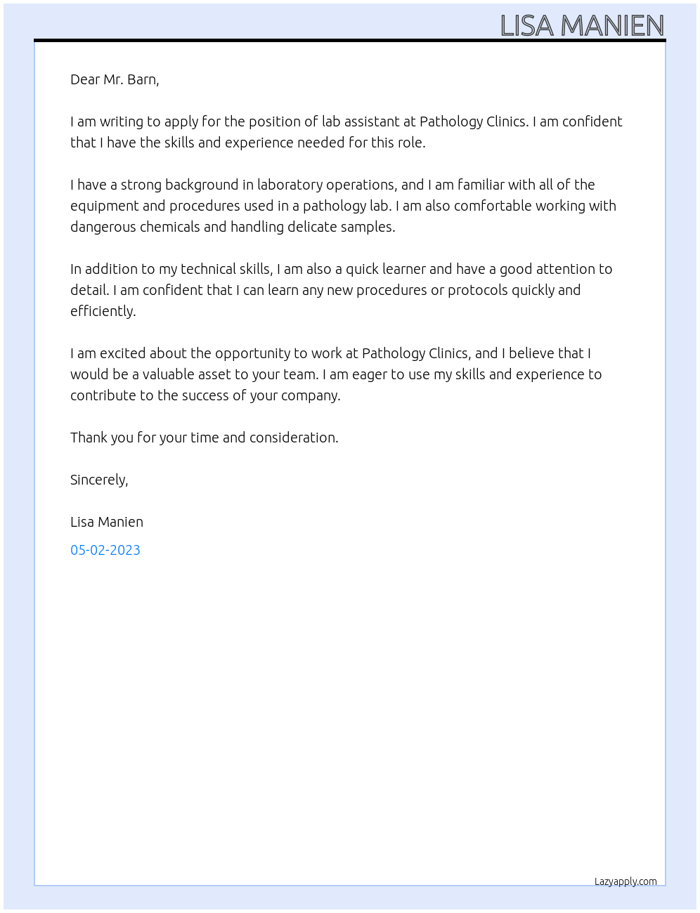 Lab assistant At Pathology Clinics Cover Letter