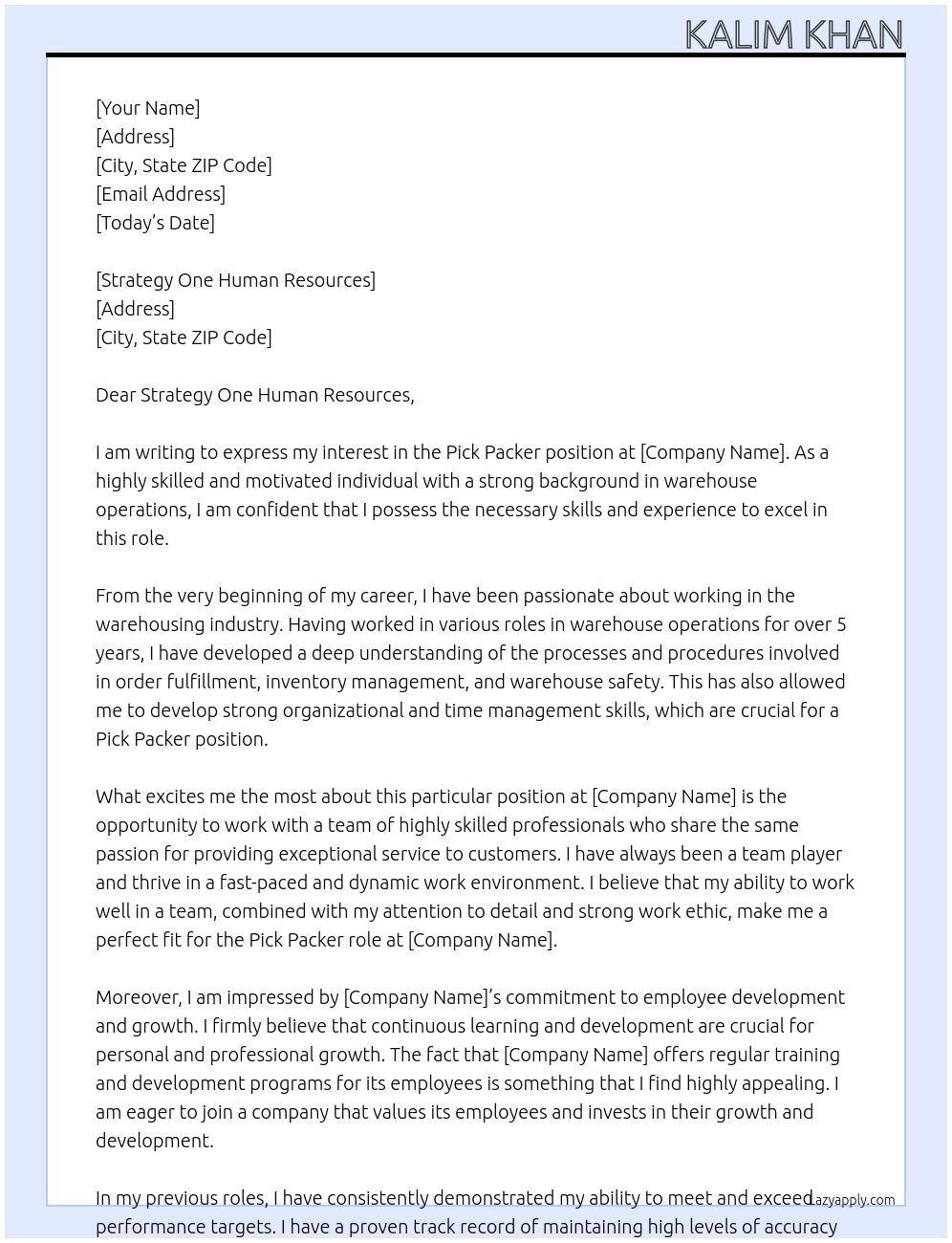 Pick packer At Strategy one human resources  Cover Letter