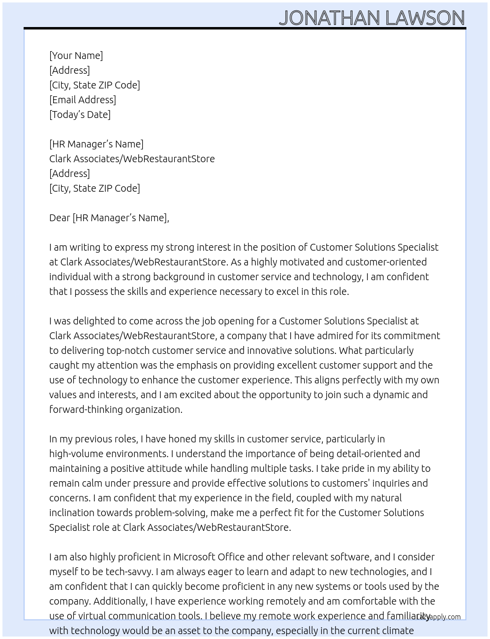 Customer Solutions Specialist At Clark Associates/WebRestaurantStore Cover Letter