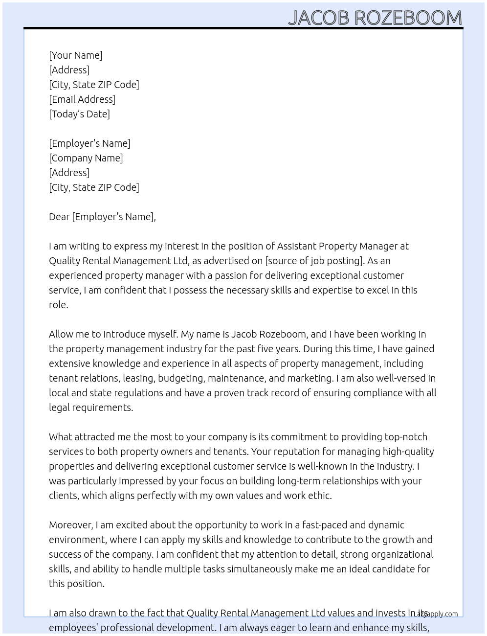 Assistant Property Manager At Quality Rental Management Ltd Cover Letter